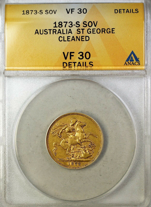 1873-S Australia Sovereign Gold Coin ANACS VF-30 Very Fine Cleaned