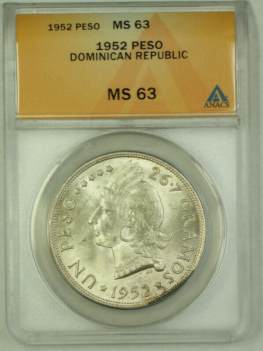 1952 Dominican Republic Silver 1 Peso ANACS MS 63
