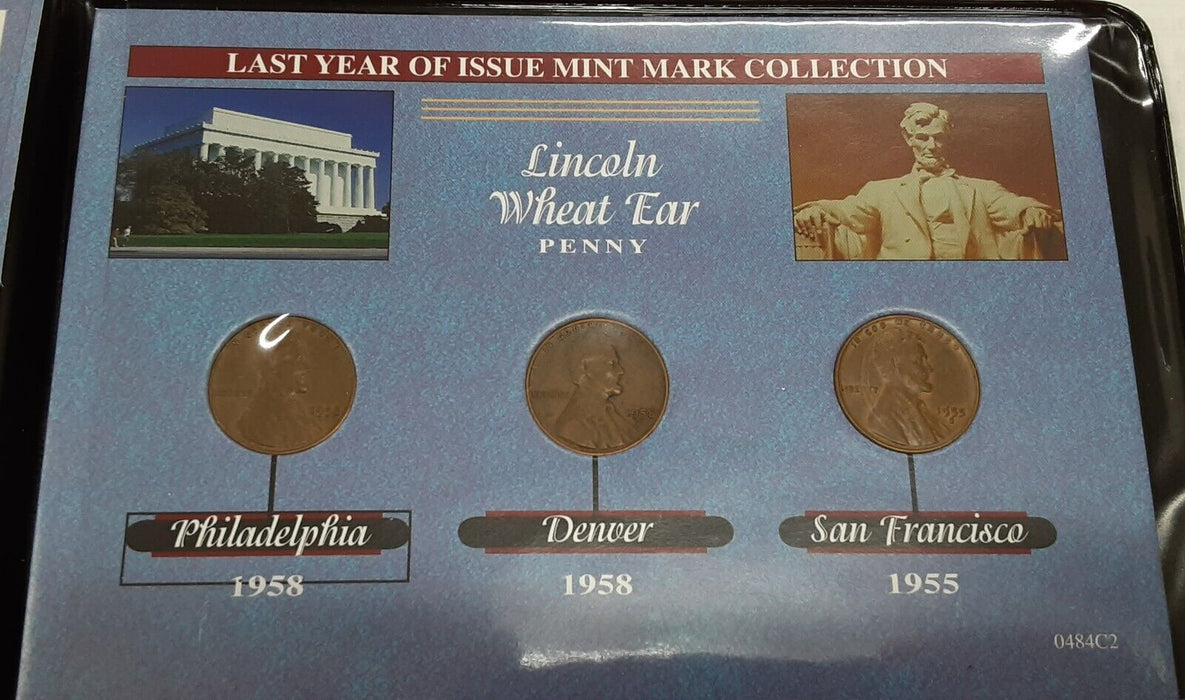 Last Year Issue Lincoln Wheat Cent Set - 3 Coins in Plastic Folder-Avg Circ