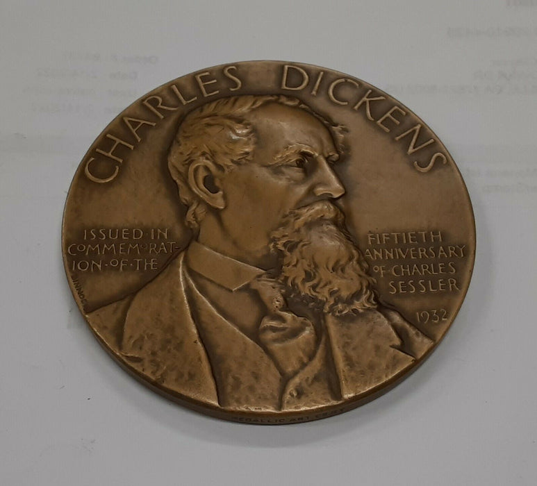 1932 Chas. Sessler 50th Ann Bronze Medal of Chas. Dickens 76MM in Original Case