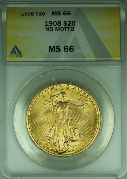1908 No Motto St. Gaudens $20 Double Eagle Gold Coin ANACS MS-66