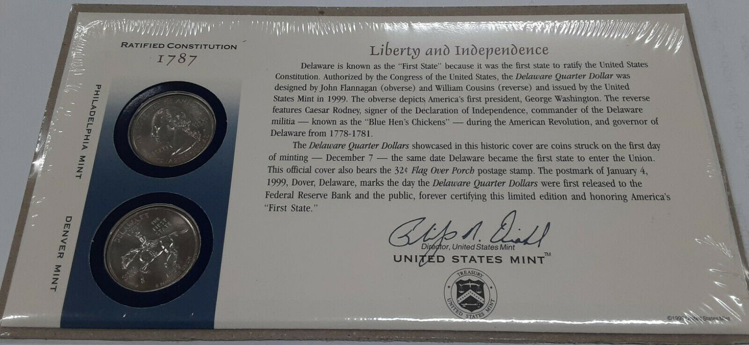 Delaware 1999 P&D Statehood Quarter Set in Original US Mint Coin Cover w/Stamp