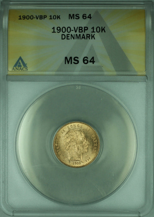1900-VBP Denmark 10 Kroner Gold Coin ANACS MS-64 (Quantity Available)