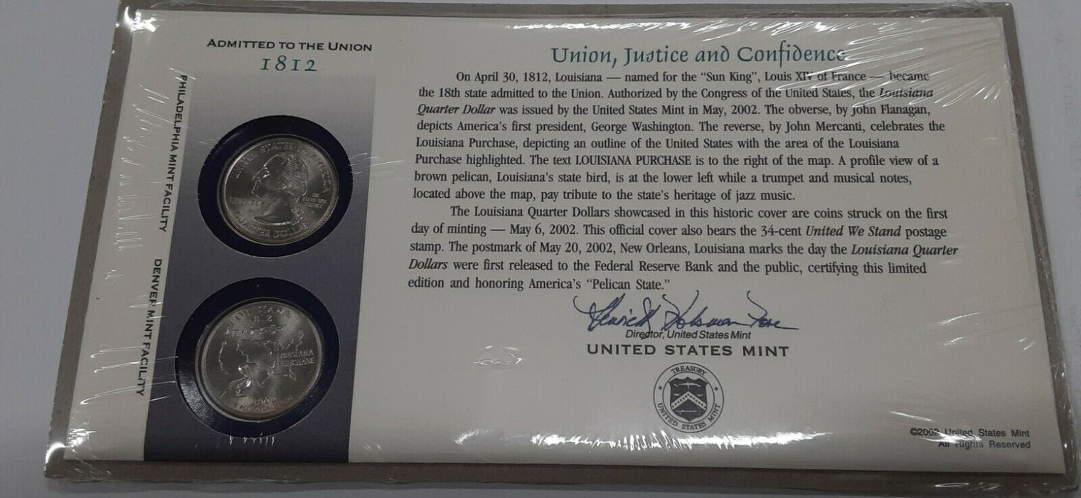 Louisiana 2002 P&D Statehood Quarter Set in Orig. US Mint Coin Cover w/Stamp