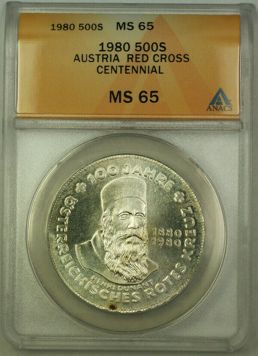 1980 Austria 500 Schilling Silver ANACS MS-65 Red Cross Centennial