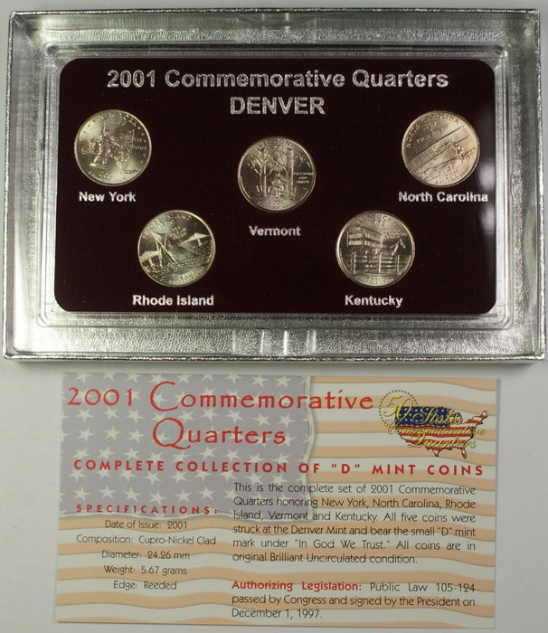 2001 Commemorative Quarters Set 5 Coins Total in Case W/ COA Denver Mint