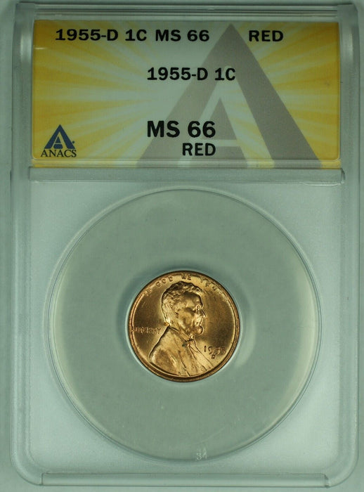 1955-D Lincoln Wheat Cent 1C Coin ANACS MS 66 RD (24) A