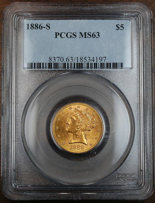 1886-S $5 Liberty Gold Coin, PCGS MS-63
