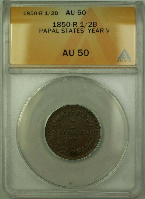 1850-R Papal States Year V 1/2 Baiocchi Coin ANACS AU 50