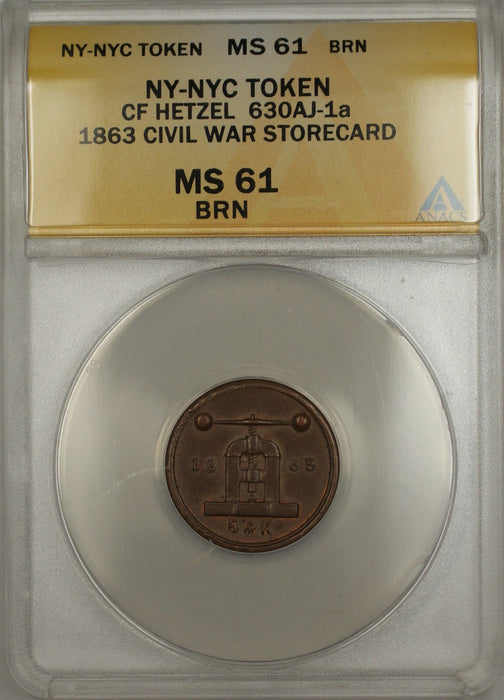 1863 Civil War NY-NYC CF Hetzel Storecard Token 630AJ-1A ANACS MS-61 Brown