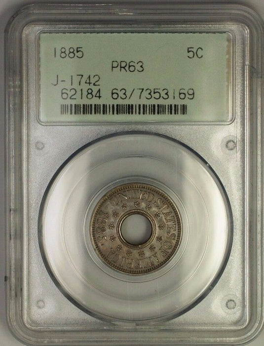 1885 Silver Nickel Pattern Proof 5c Holed Coin PCGS PR-63 OGH J-1742 Judd WW