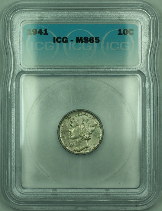1941 Mercury Silver Dime 10c Coin ICG MS-65 Toned (C)