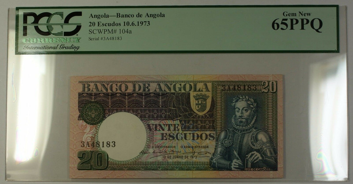 10.6.1973 Banco de Angola 20 Escudos Note SCWPM# 104a PCGS GEM New 65 PPQ