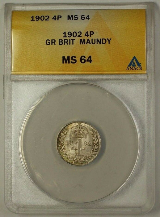 1902 Great Britain Groat Four Pence 4P Maundy Silver Coin ANACS MS-64