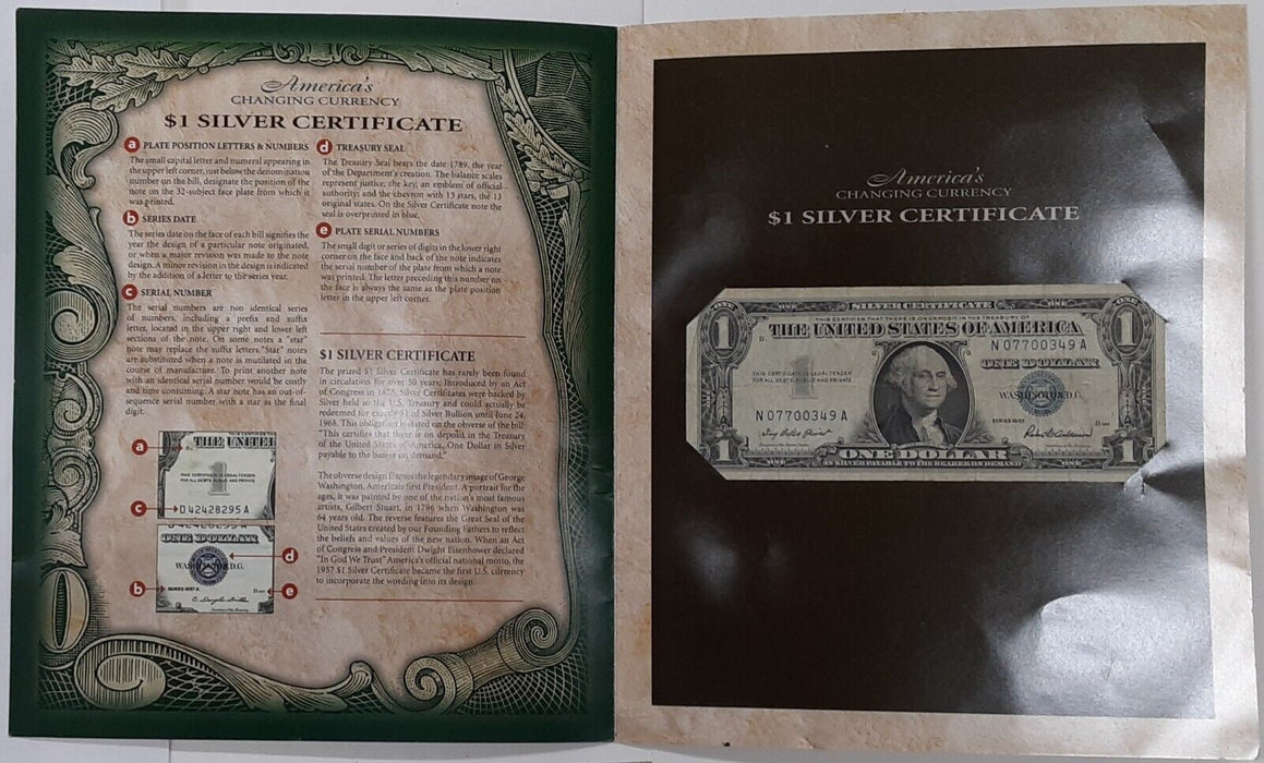 America's Changing Currency Series 1957 $1 Silver Certificate in Info Folder