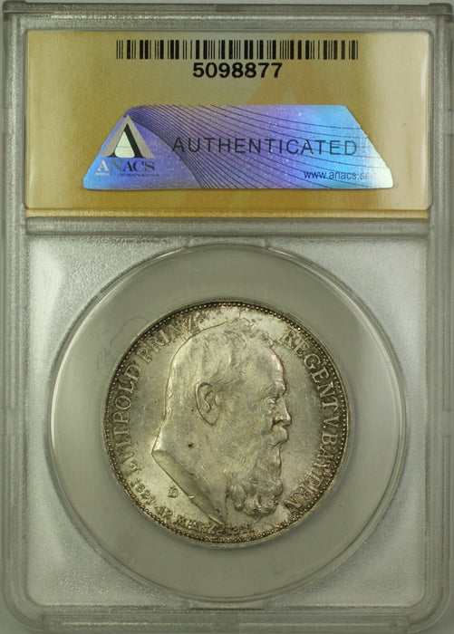 1911-D Germany Bavaria 3M Marks Silver Coin Luitpold 90th BDAY ANACS MS-63 (A)