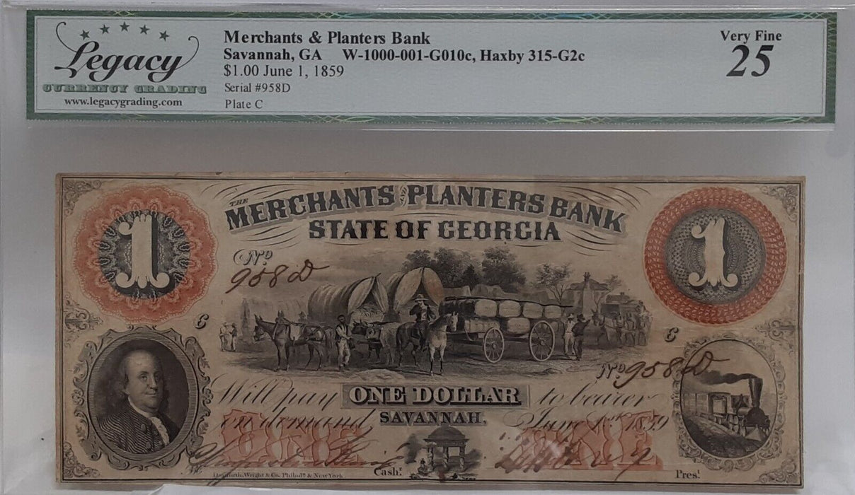 1859 Merchants & Planters Bank of Savannah, GA $1 Note Legacy VF 25 w/Comments