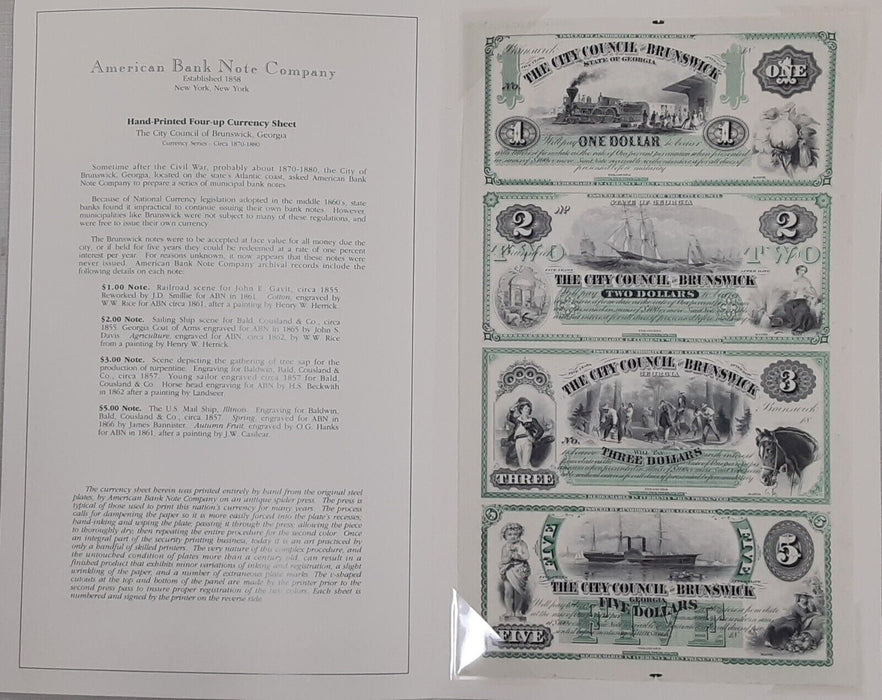 ABNC Sheet of Obsolete Notes/City Council Brunswick, GA $1,$2,$3 & $5 Folder