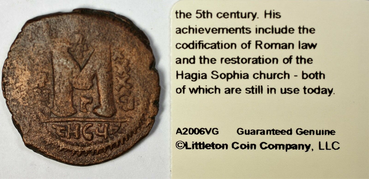 527-565 AD CE Justinian I Byzantine Copper Follis Coin Littleton Legible
