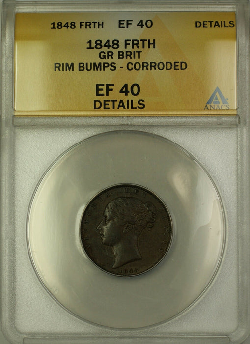 1848 Great Britain Farthing Copper Coin ANACS EF-40 Details Corroded Rim Bumps