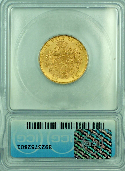 1875 Belgium 20 Francs Gold Coin ICG MS 64