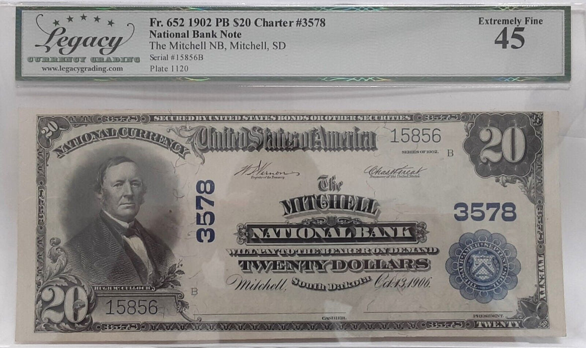 1902 $20 Nat'l Currency PB Mitchell NB, Mitchell SD CH#3578 Legacy EF-45