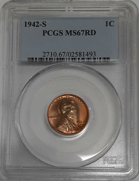 1942-S Lincoln Wheat Cent 1c PCGS MS-67 RD