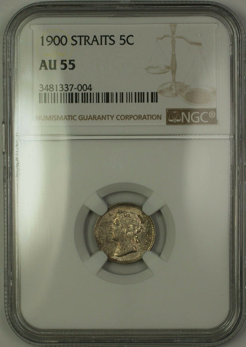 1900 Straits 5c Five Cents Silver Coin NGC AU-55