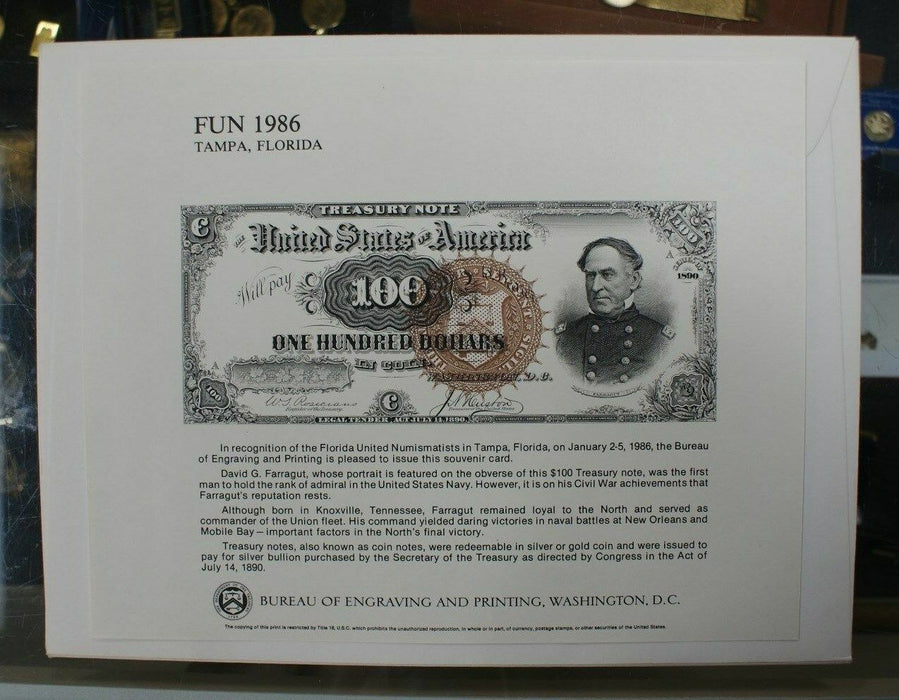 BEP souvenir card B 87 FUN 1986 face 1890 $100 Treasury Note Admiral Farragut
