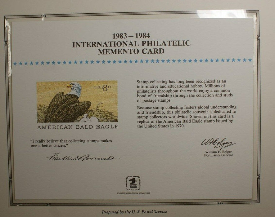 souvenir card PS 47 Philatelic Memento 1983 1970 6¢ Bald Eagle stamp