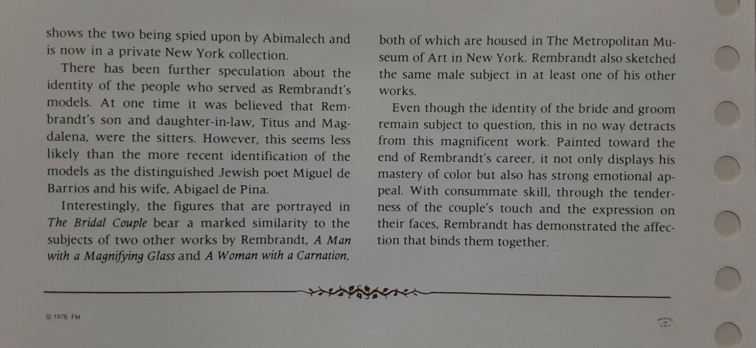 Franklin Mint Genius of Rembrandt PR .925 Silver Medal - Bridal Couple in Card