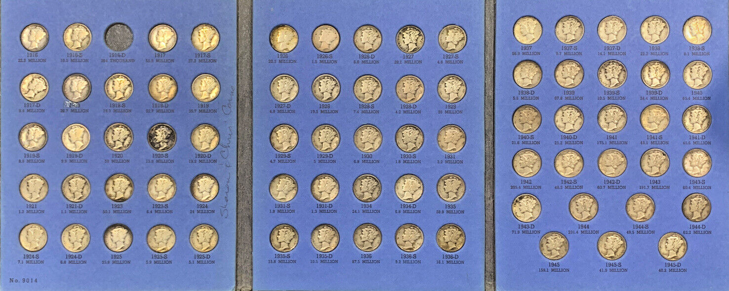 1916-1945 Mercury Silver Dime Almost Complete Set, NO 1916-D-Whitman Coin Folder