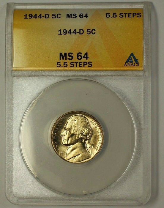 1944-D Wartime Silver Jefferson Nickel 5c Coin ANACS MS-64 5.5 Steps Q