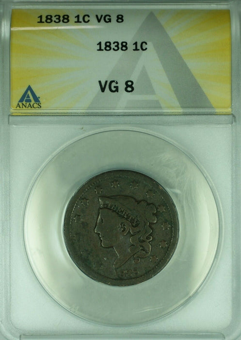 1838 Coronet Head Large Cent  ANACS VG-8  (42B)