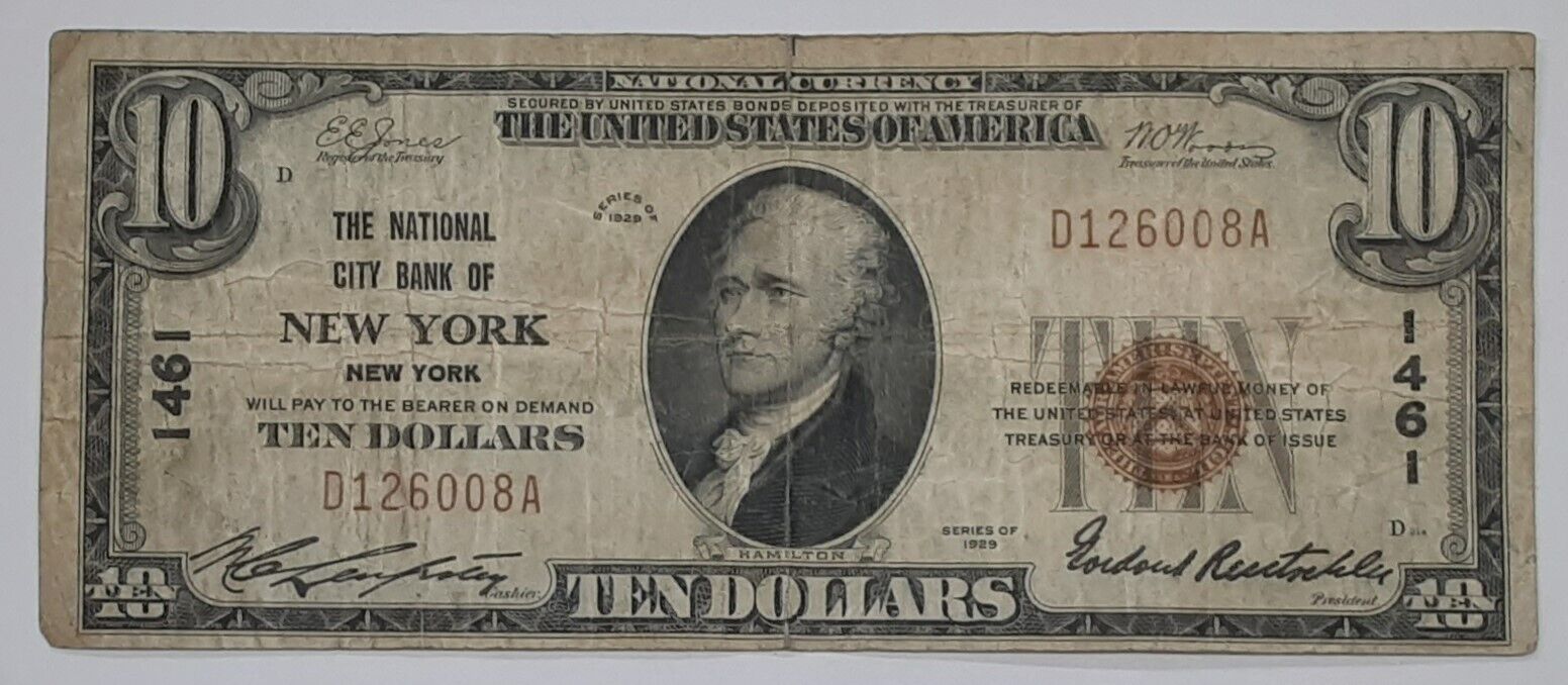 1929 $10 Ten Dollar US National Currency Nat'l City Bank of New York NY Ch#1461