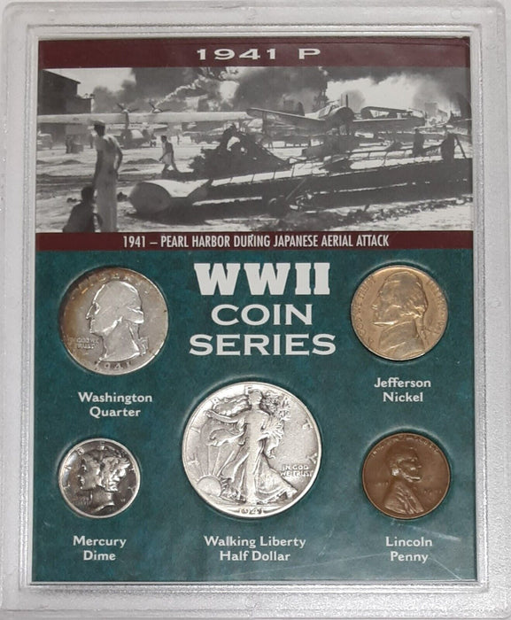 WWII Coin Series - 5 Circulated Coins - Cent Thru Half Dollar in Plastic Holder
