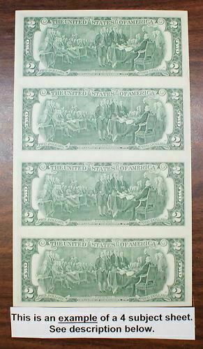 1995 4 Subject Uncut $2 Sheet Federal Reserve Notes *FG* Block Letters fw