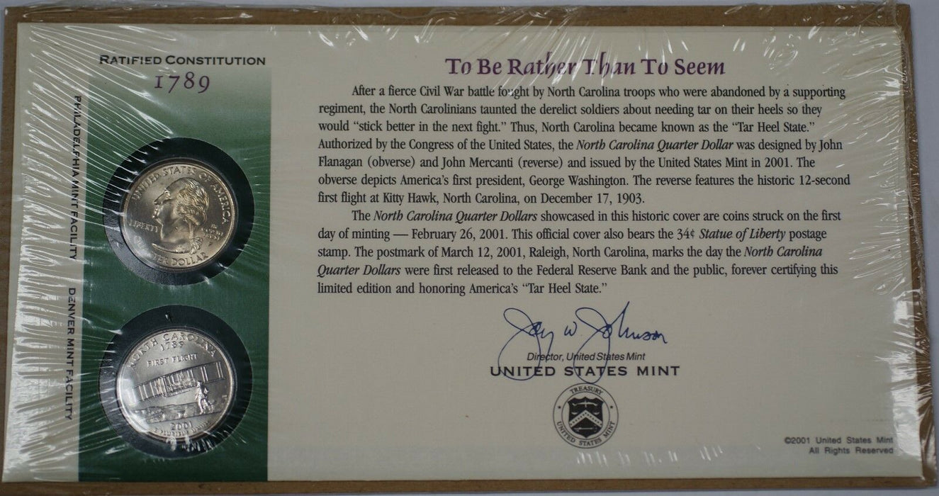 (2) 2000 North Carolina State Quarter P&D-BU Coin Official Mint Cover