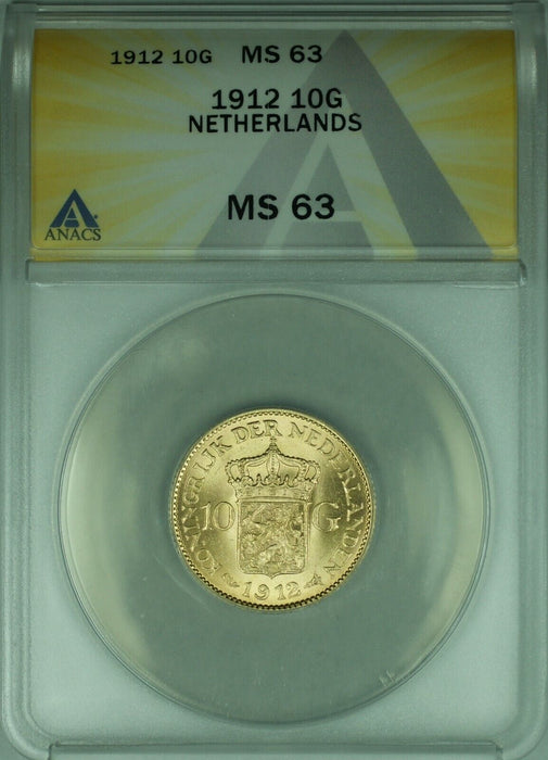 1912 Netherlands 10 Guilder Gold Coin ANACS MS-63 B