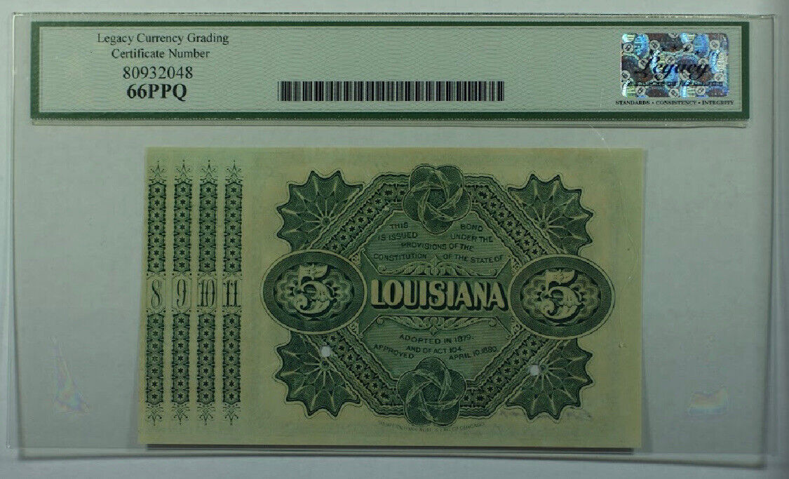 1875 $5 CR. 29 State Of Louisiana “Baby Bond” Legacy GEM 66 PPQ