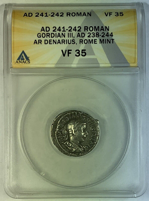 AD 241-242 Roman Gordian III, Denarius Coin ANACS VF 35