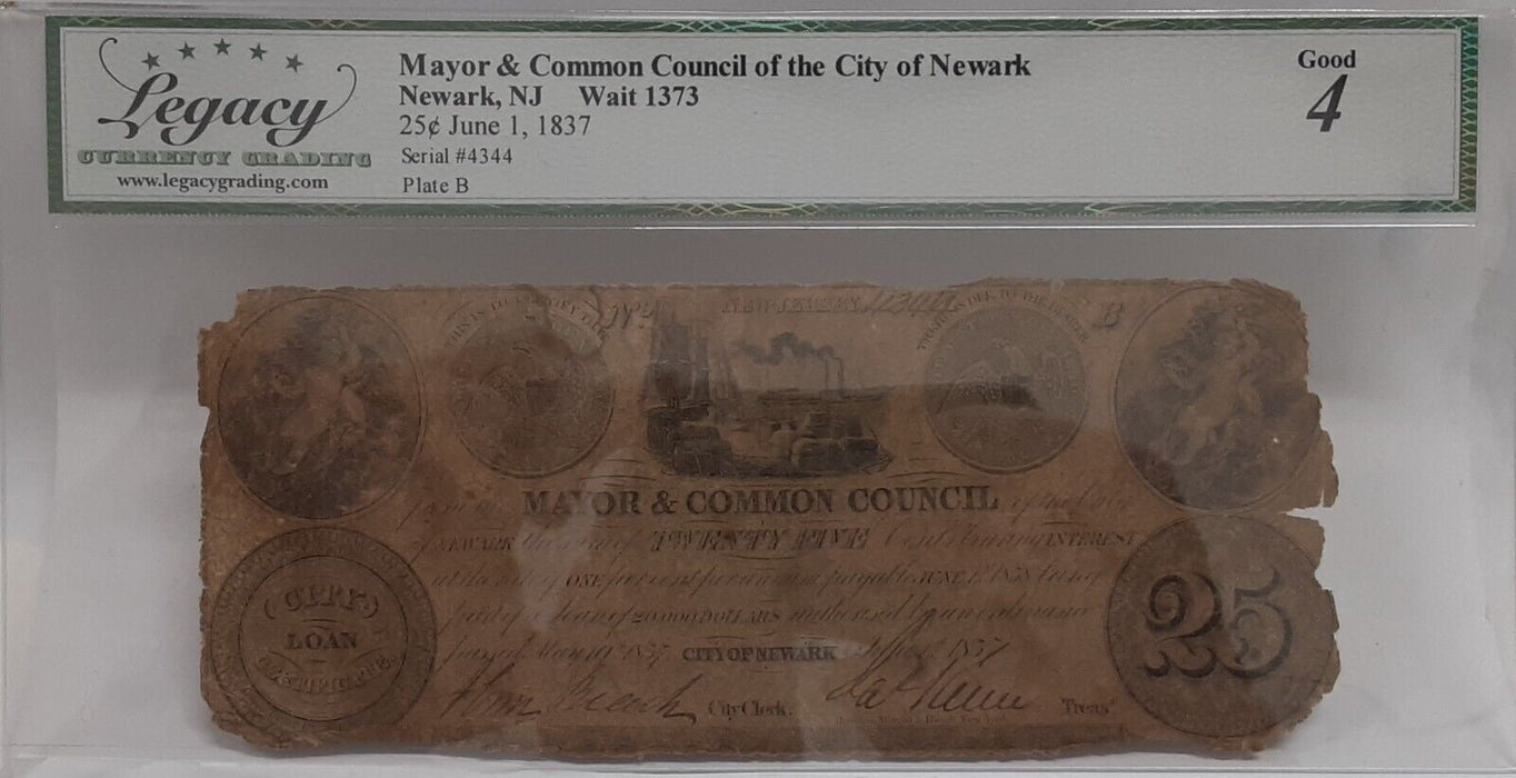 June 1, 1837 Issue City of Newark, NJ 25 Cent Note  Legacy G-4 w/Comments