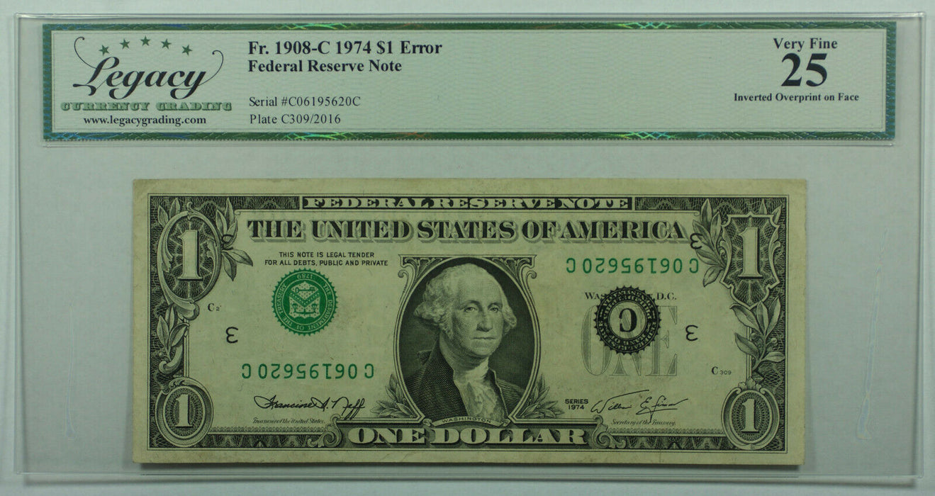 1974 $1 One Dollar FRN *Error Inverted Overprint on Face* Fr 1908-C Legacy VF-25