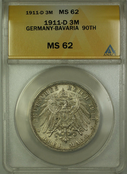 1911-D Germany Bavaria 3M Marks Silver Coin Luitpold 90th Birthday ANACS MS-62