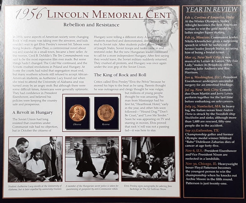 1956 Lincoln Cent / The Years Historic Events on Informative Card - See Photos