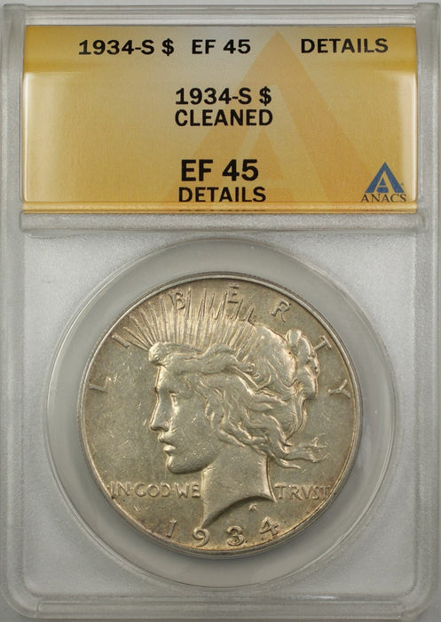 1934-S Peace Silver Dollar Coin $1 ANACS EF 45 Cleaned Details