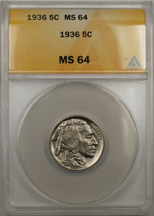 1936 Buffalo Nickel 5C Coin ANACS MS-64 (Better Coin 10)