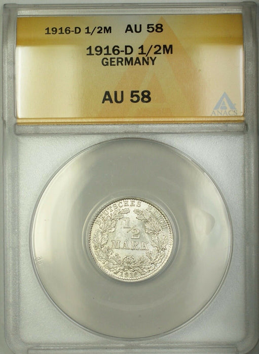1916-D Germany 1/2M Mark Silver Coin ANACS AU-58