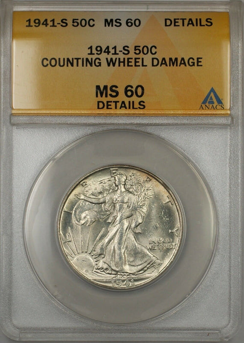 1941-S Walking Liberty Silver Half Dollar 50c ANACS MS 60 (Better Coin)
