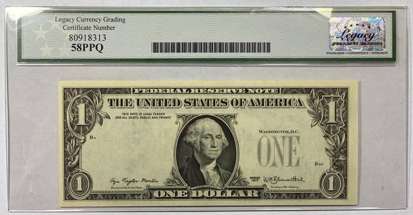 1977 $1 ERROR Overprint on Back Note FRN w/Bookend Notes Fr. 1909-E Legacy 58PPQ